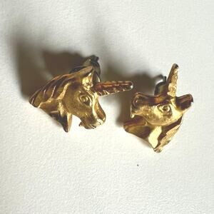 Vintage Unicorn Earrings, 80s, Gold Tone, Post Stud, Fairy Fantasy